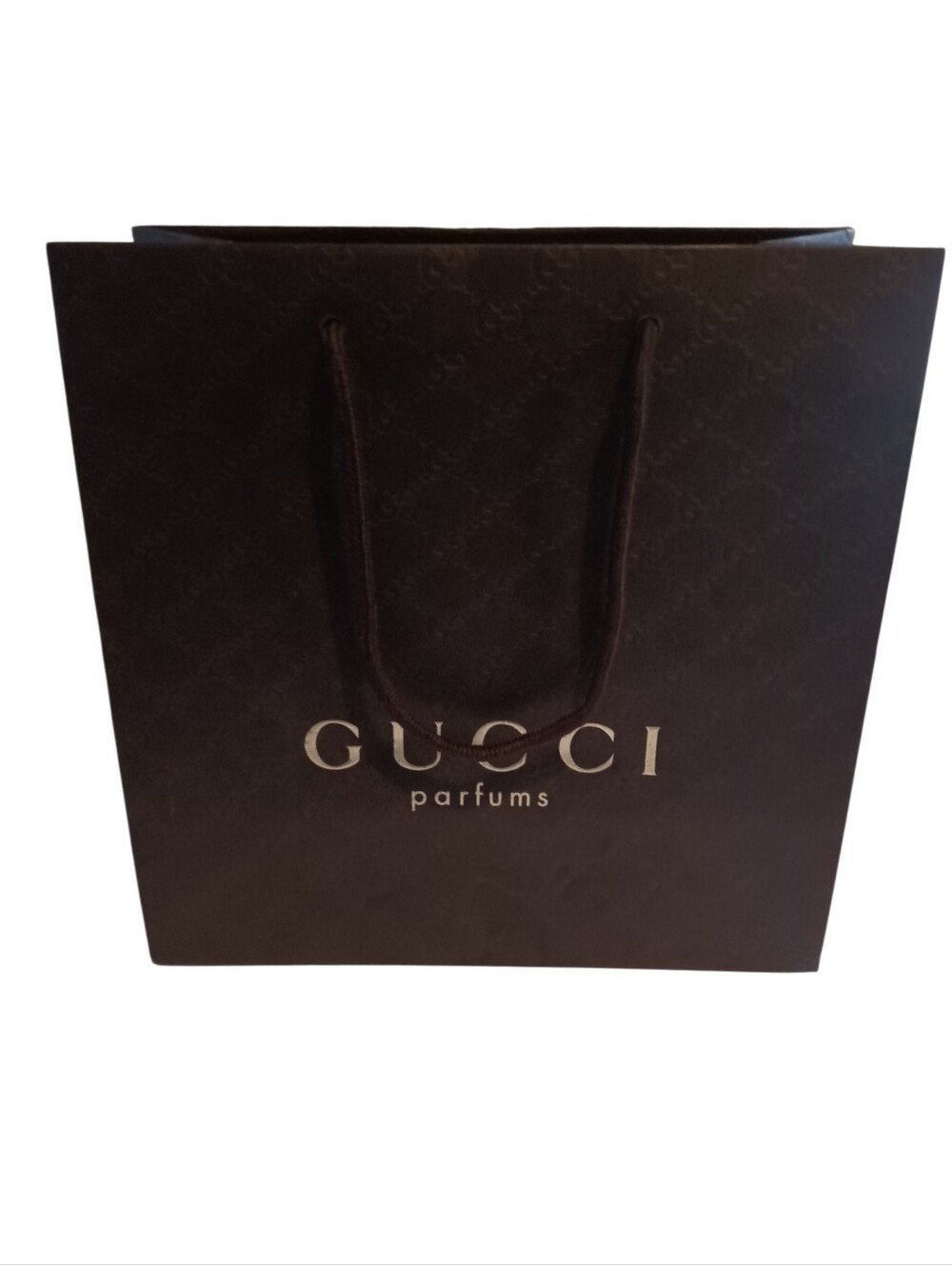 Gucci Parfums Paper Shopping Bag Dark Brown Embossed Gold Letters 13X13 New